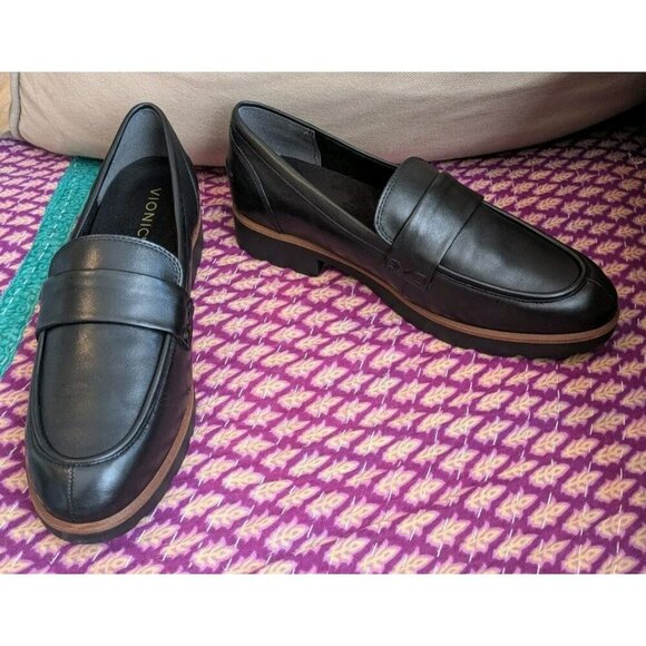 Vionic Shoes - Vionic Black Leather Penny Loafers with Brown Trim